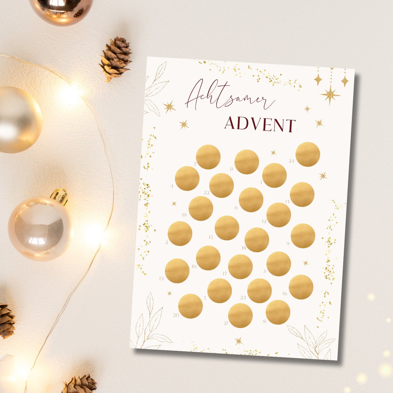 Achtsamkeits Adventskalender, Rubbelkalender, Selbstliebe Adventskalender mit Posterleiste aus Holz