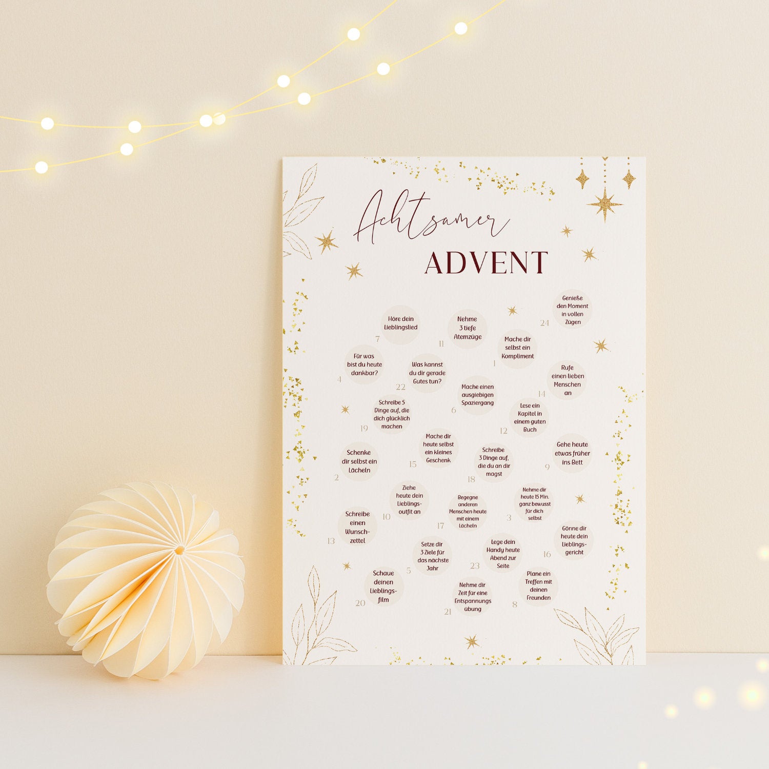 Achtsamkeits Adventskalender, Rubbelkalender, Selbstliebe Adventskalender mit Posterleiste aus Holz