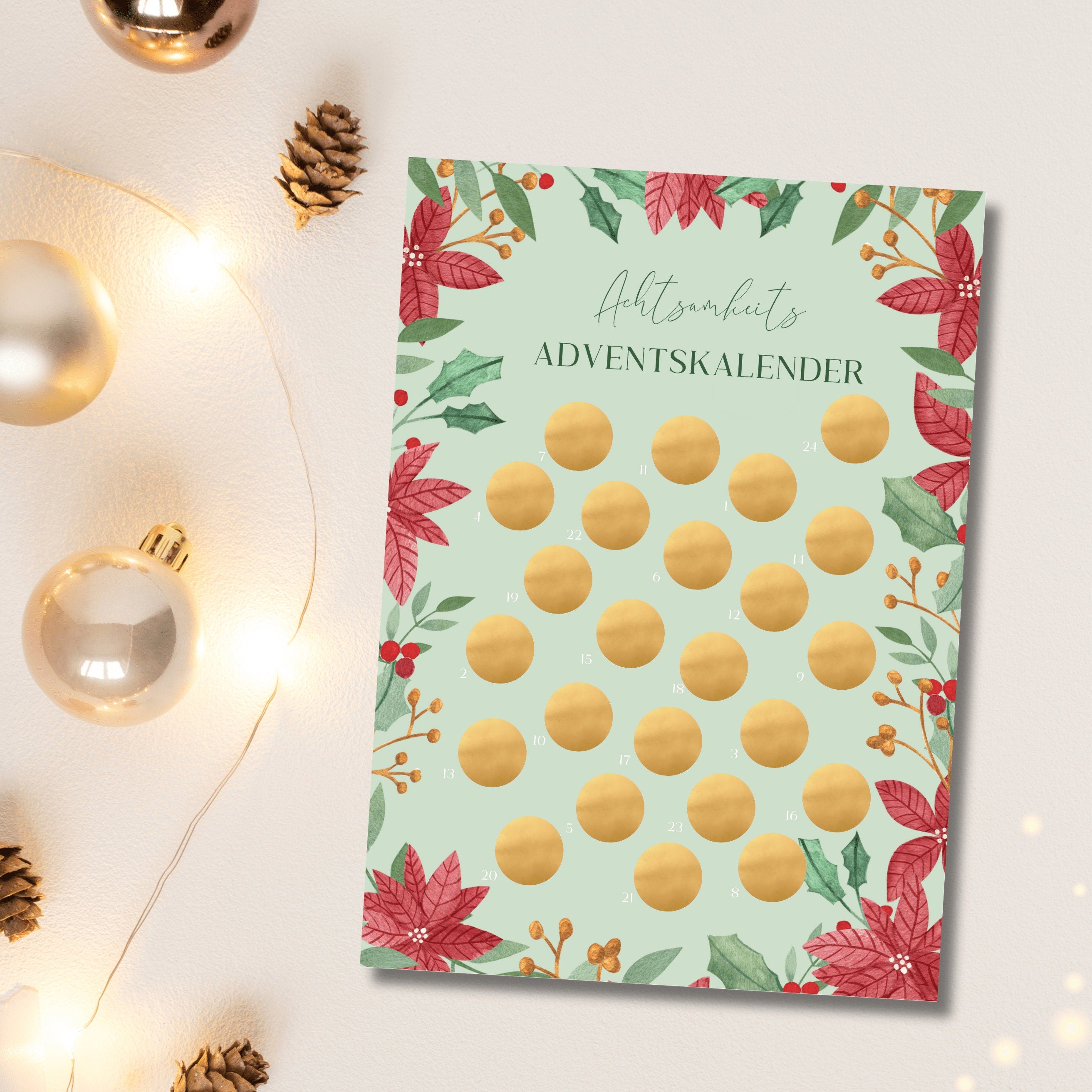 Achtsamkeits Adventskalender, Selbstliebe und Selbstfürsorge Adventskalender Rubbelkalender mit Posterleiste aus Holz