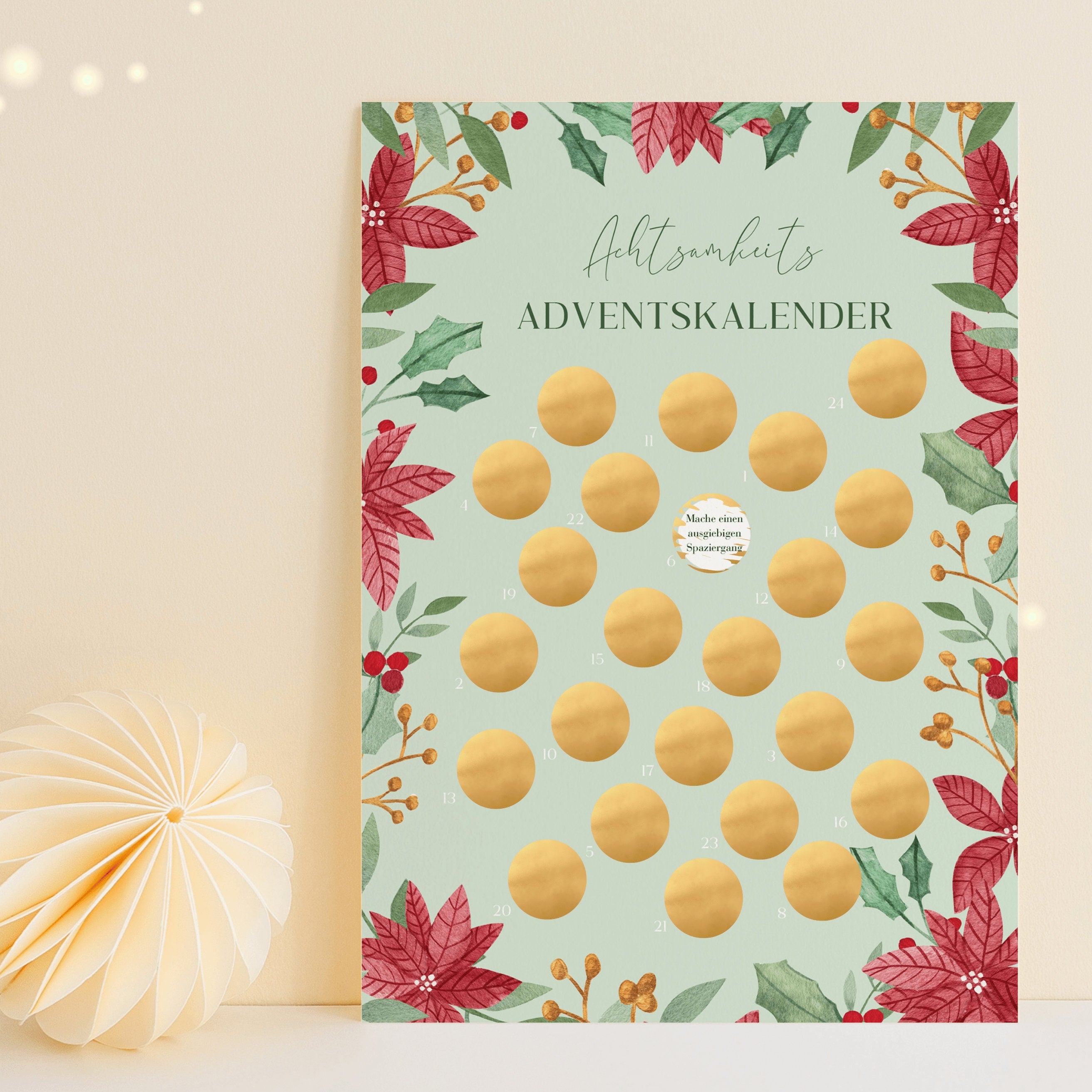 Achtsamkeits Adventskalender, Selbstliebe und Selbstfürsorge Adventskalender Rubbelkalender mit Posterleiste aus Holz