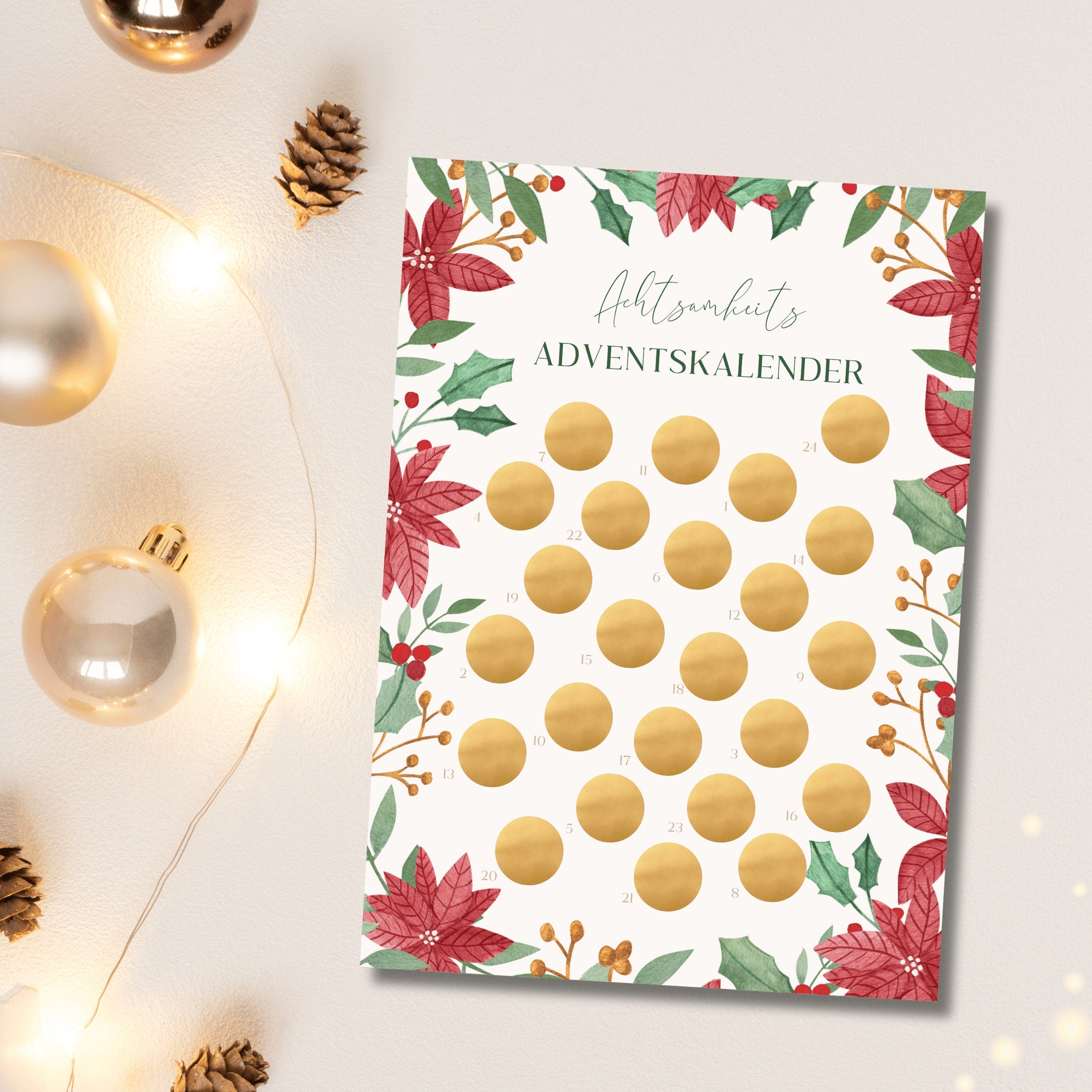 Selbstliebe und Selbstfürsorge Adventskalender, Achtsamkeits Adventskalender, Rubbelkalender mit Posterleiste aus Holz