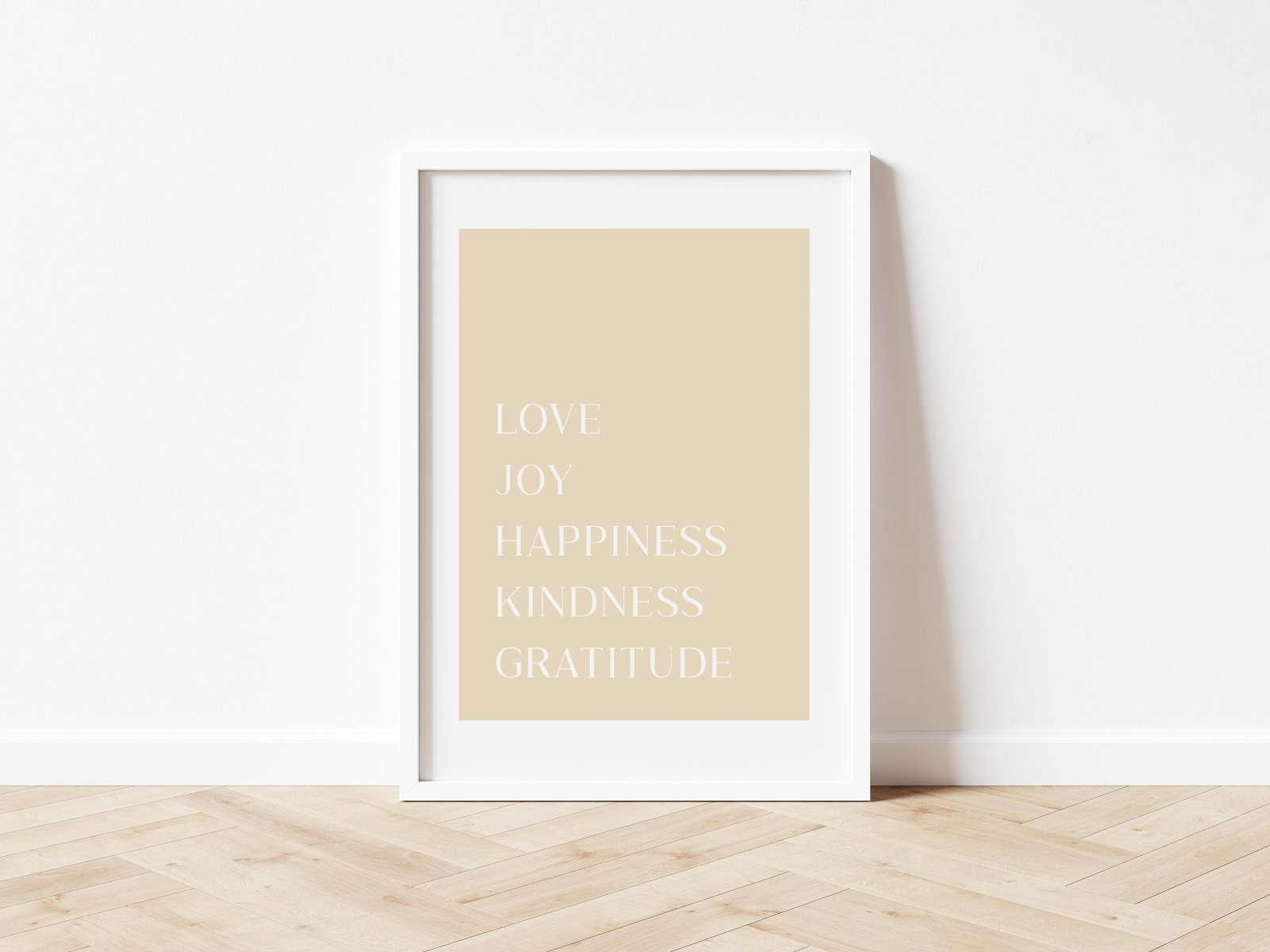 Love Joy Happiness Kindness Gratitude Poster, Sprüche, Zitate, Poster, positive Affirmationen, optional mit Magnet Posterleiste aus Holz - HappyLuz Shop