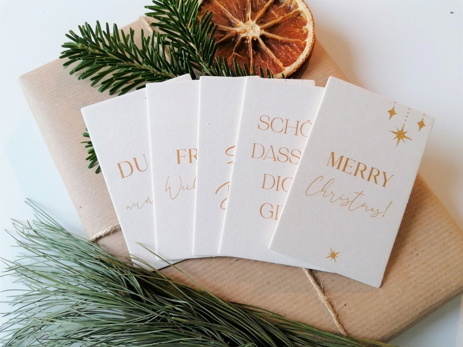 Weihnachtskarte gold mini, Weihnachtskartenset, Geschenkverpackung Weihnachten, Karte "Merry Christmas!", Karte Holzschliffpappe - HappyLuz Shop