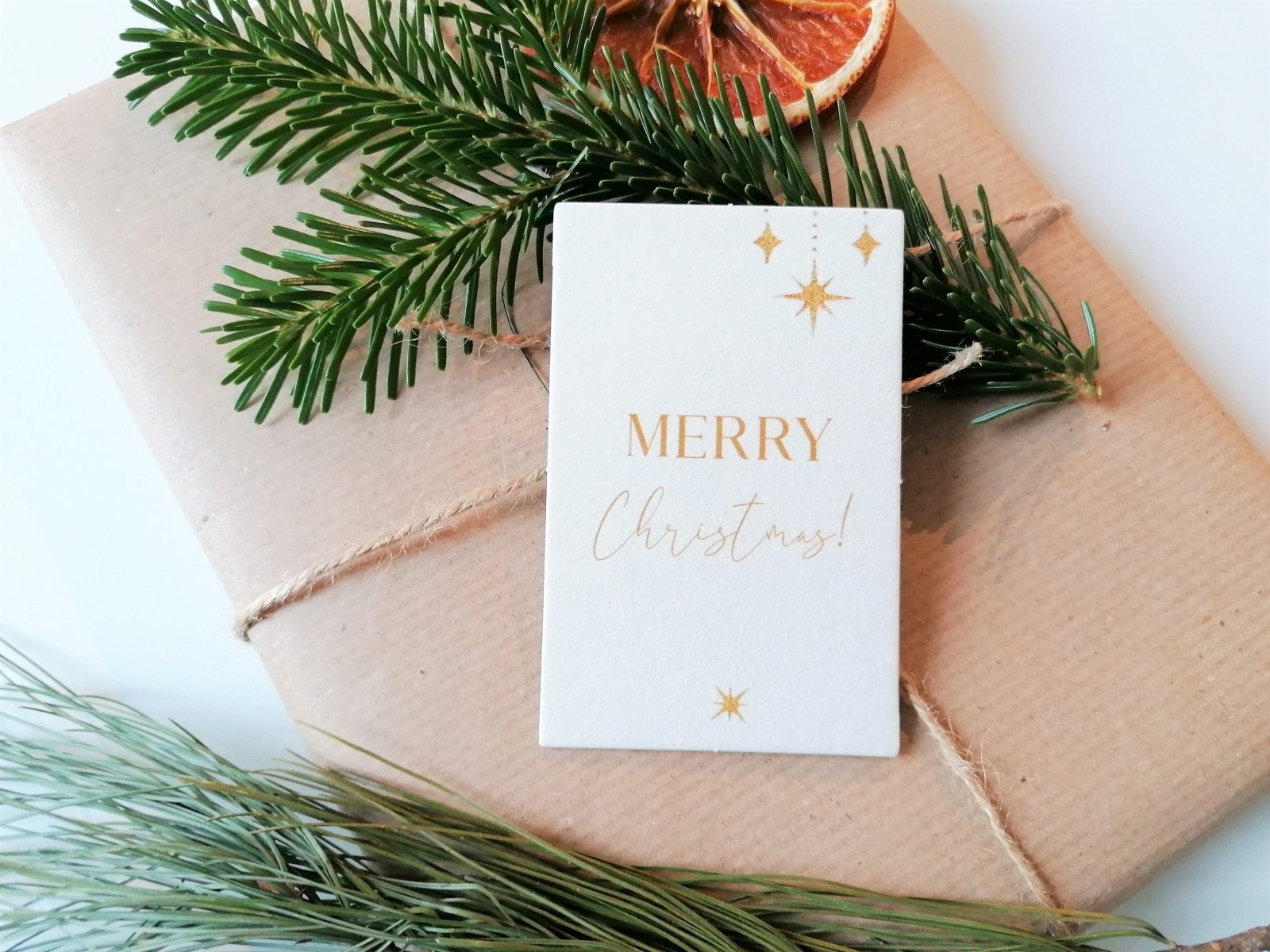 Weihnachtskarte gold mini, Weihnachtskartenset, Geschenkverpackung Weihnachten, Karte "Merry Christmas!", Karte Holzschliffpappe - HappyLuz Shop