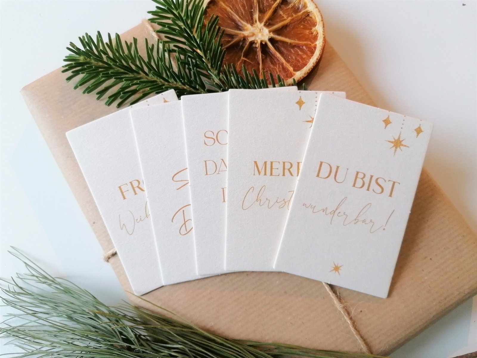 Weihnachtskarten set, gold mini, modern, Kartenset Weihnachten, Geschenkverpackung Weihnachten, Karte, Karte Holzschliffpappe - HappyLuz Shop